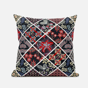 18” Black Red Patch Suede Throw Pillow