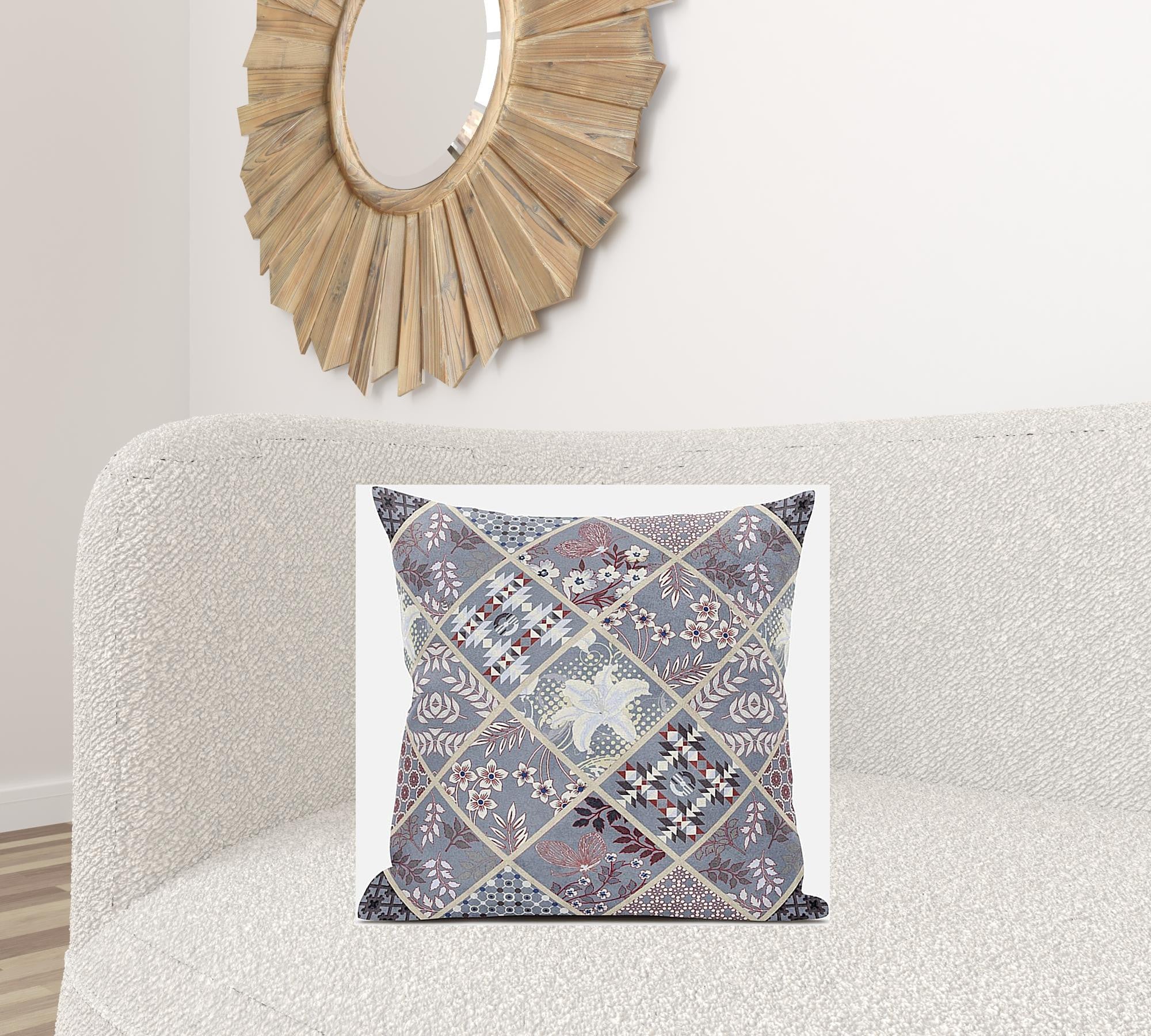 18” Gray Pink Patch Suede Throw Pillow