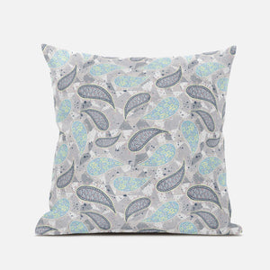 16” Gray Turquoise Boho Paisley Suede Throw Pillow