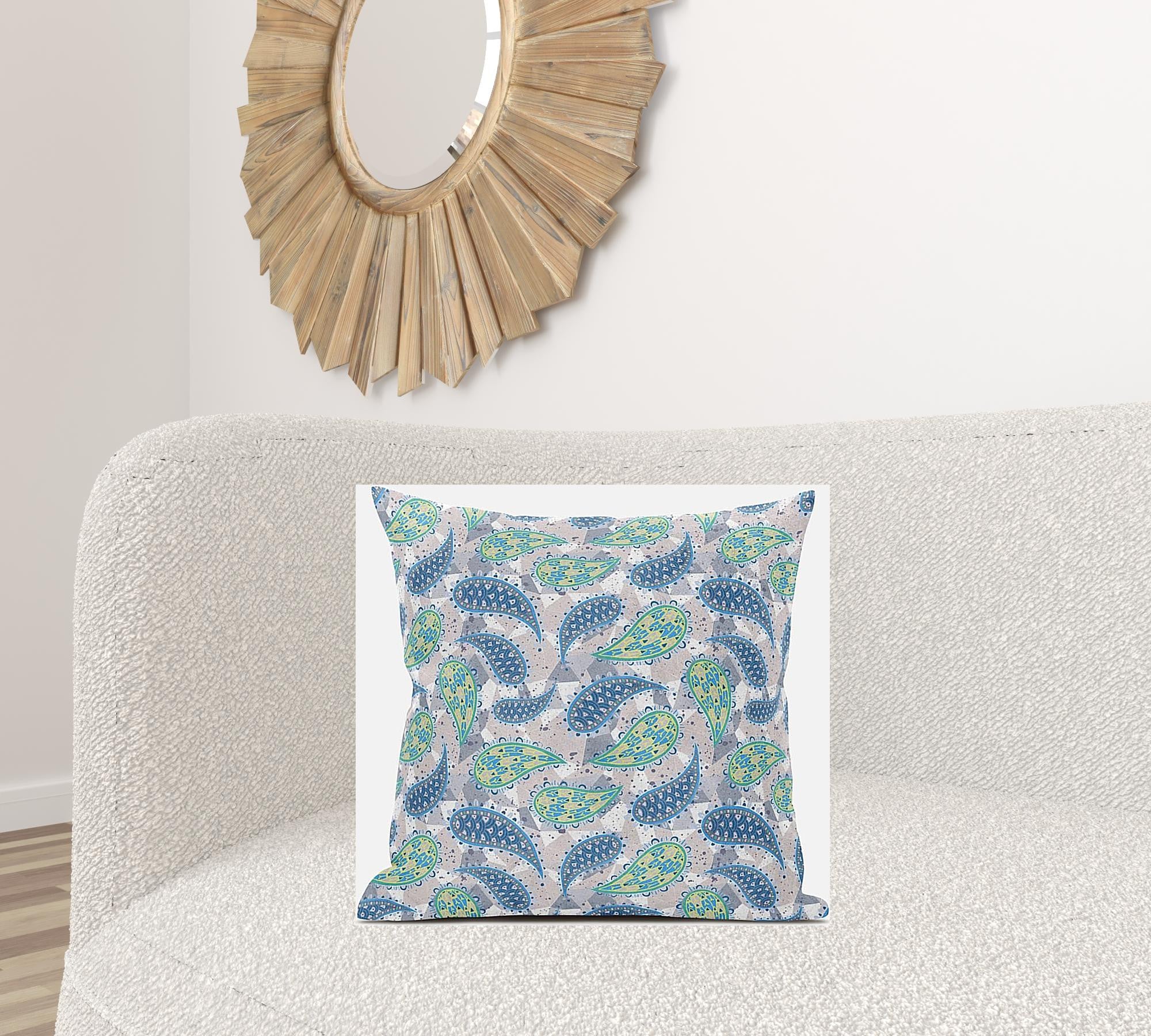 18” Green Indigo Boho Paisley Suede Throw Pillow