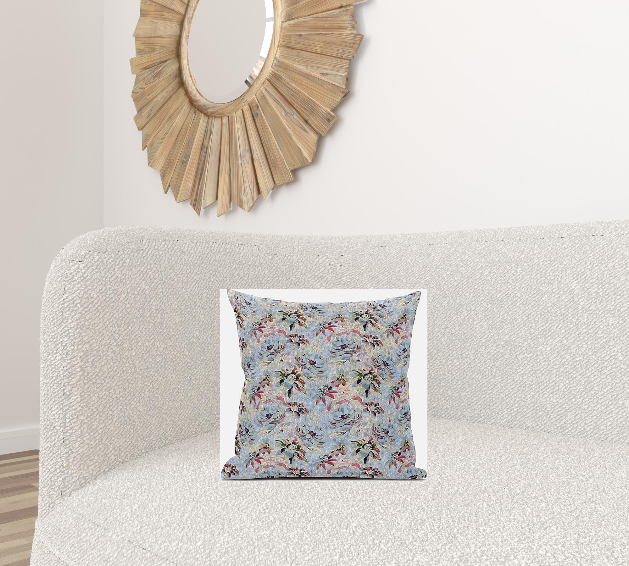 16" Light Blue Red Roses Suede Throw Pillow