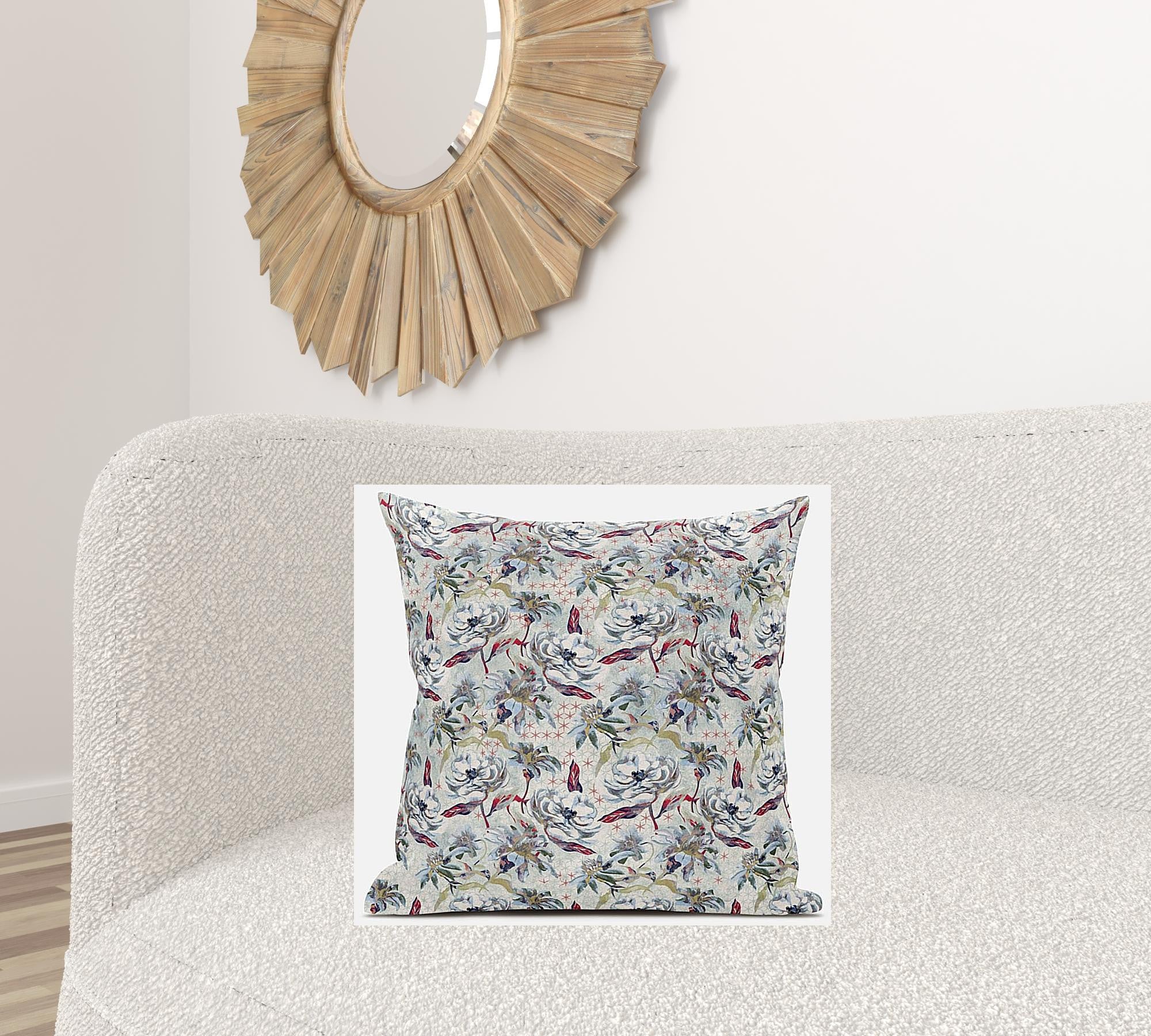 18" Light Green Gray Roses Suede Throw Pillow