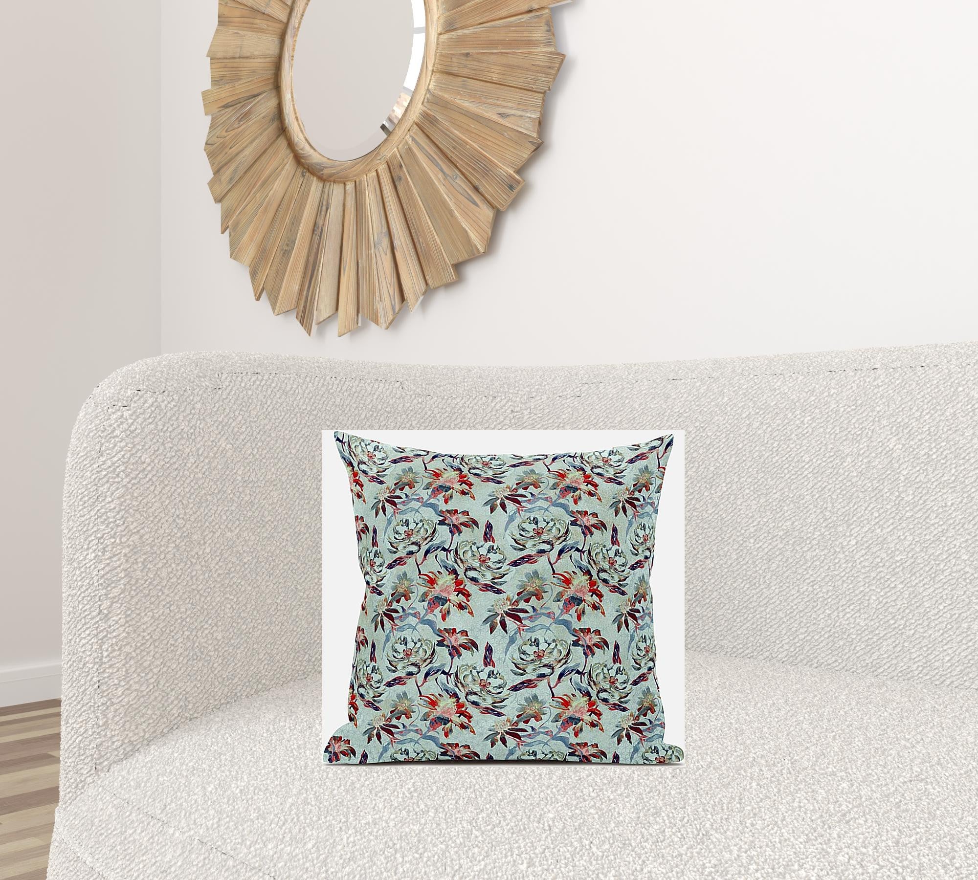 18" Red Aqua Roses Suede Throw Pillow