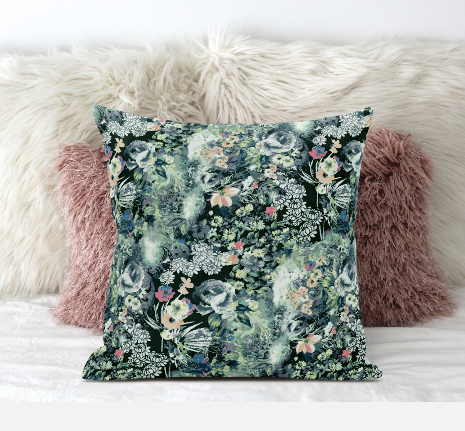 16" Green Black Springtime Suede Throw Pillow