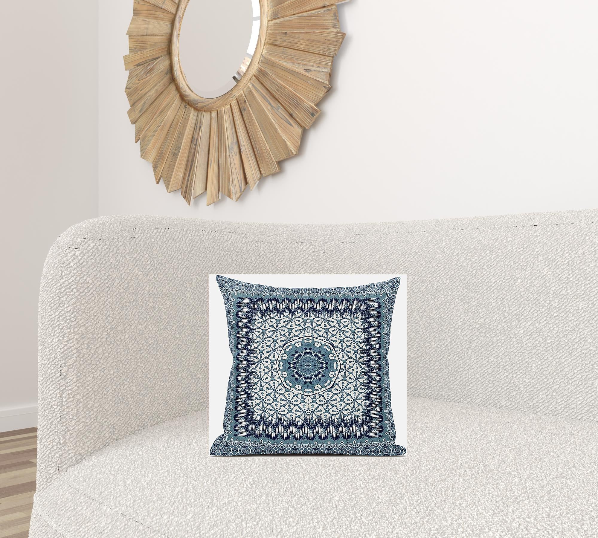 16” Blue White Holy Floral Suede Throw Pillow