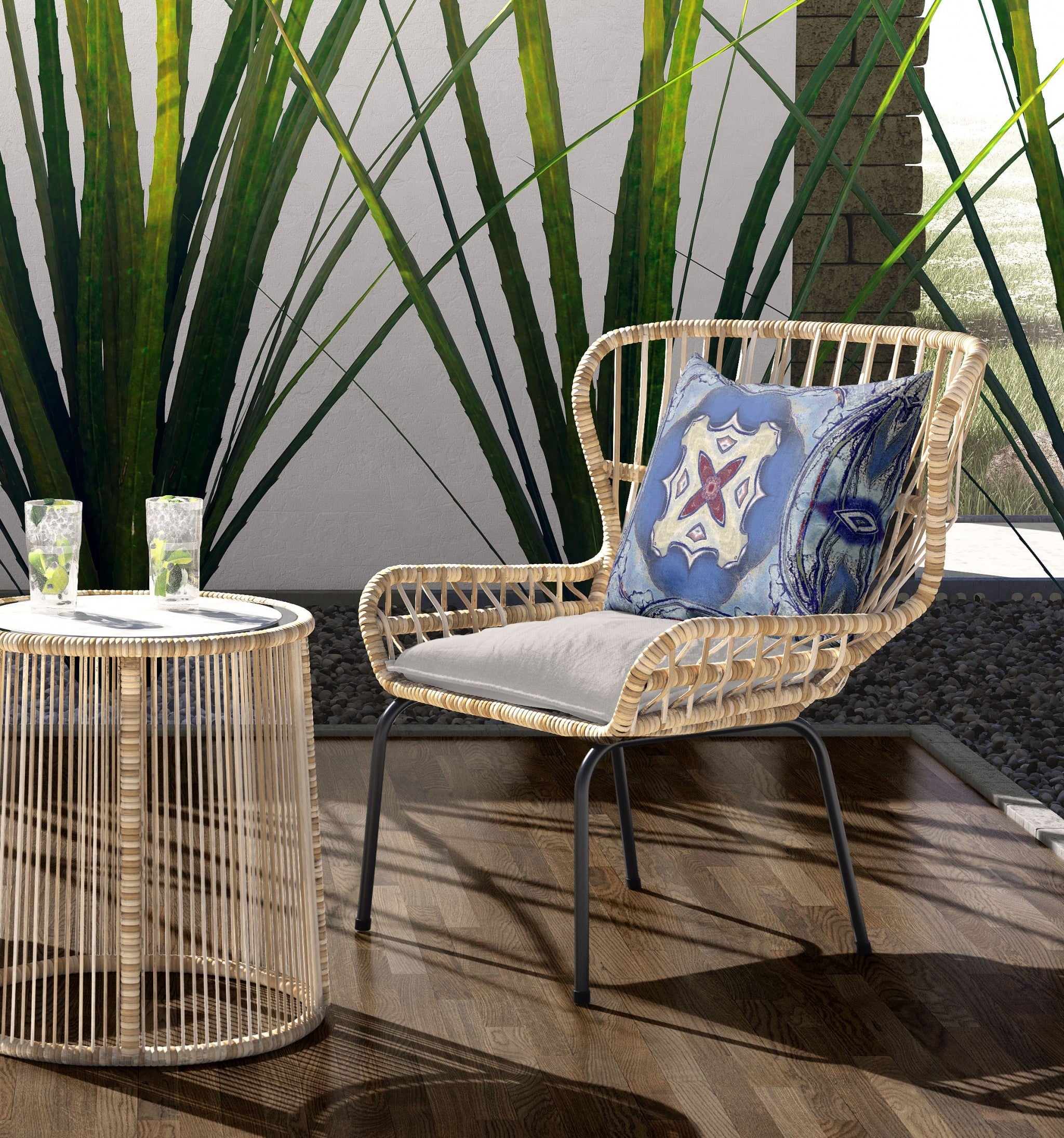 18” Blue Cream Geo Tribal Indoor Outdoor Throw Pillow