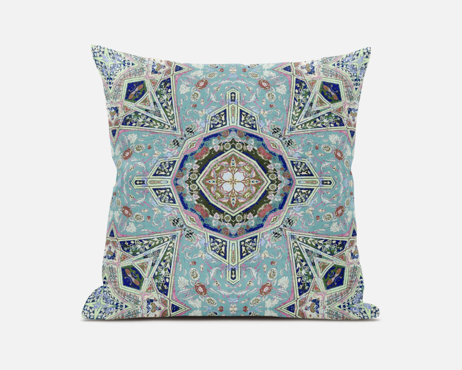 16" Aqua Blue Floral Geometric Suede Throw Pillow