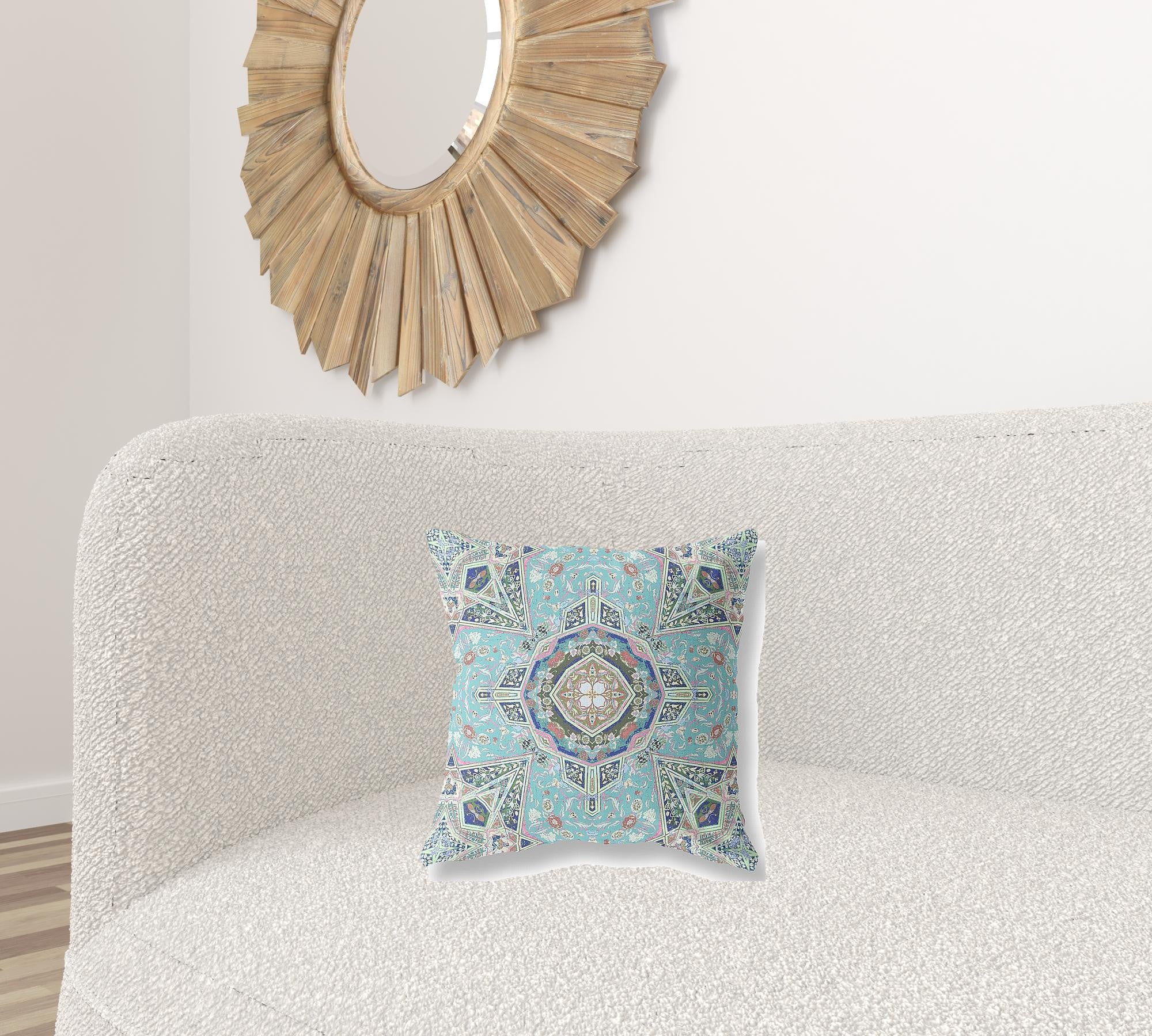 16" Aqua Blue Floral Geometric Suede Throw Pillow