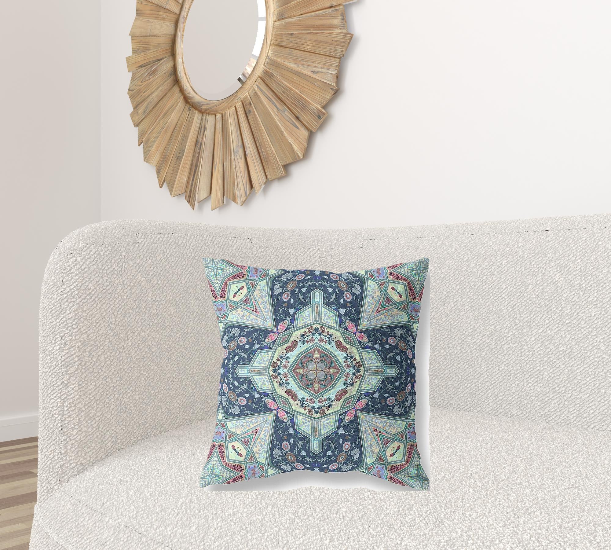 18" Aqua Blue Boho Chic Pattern Suede Throw Pillow