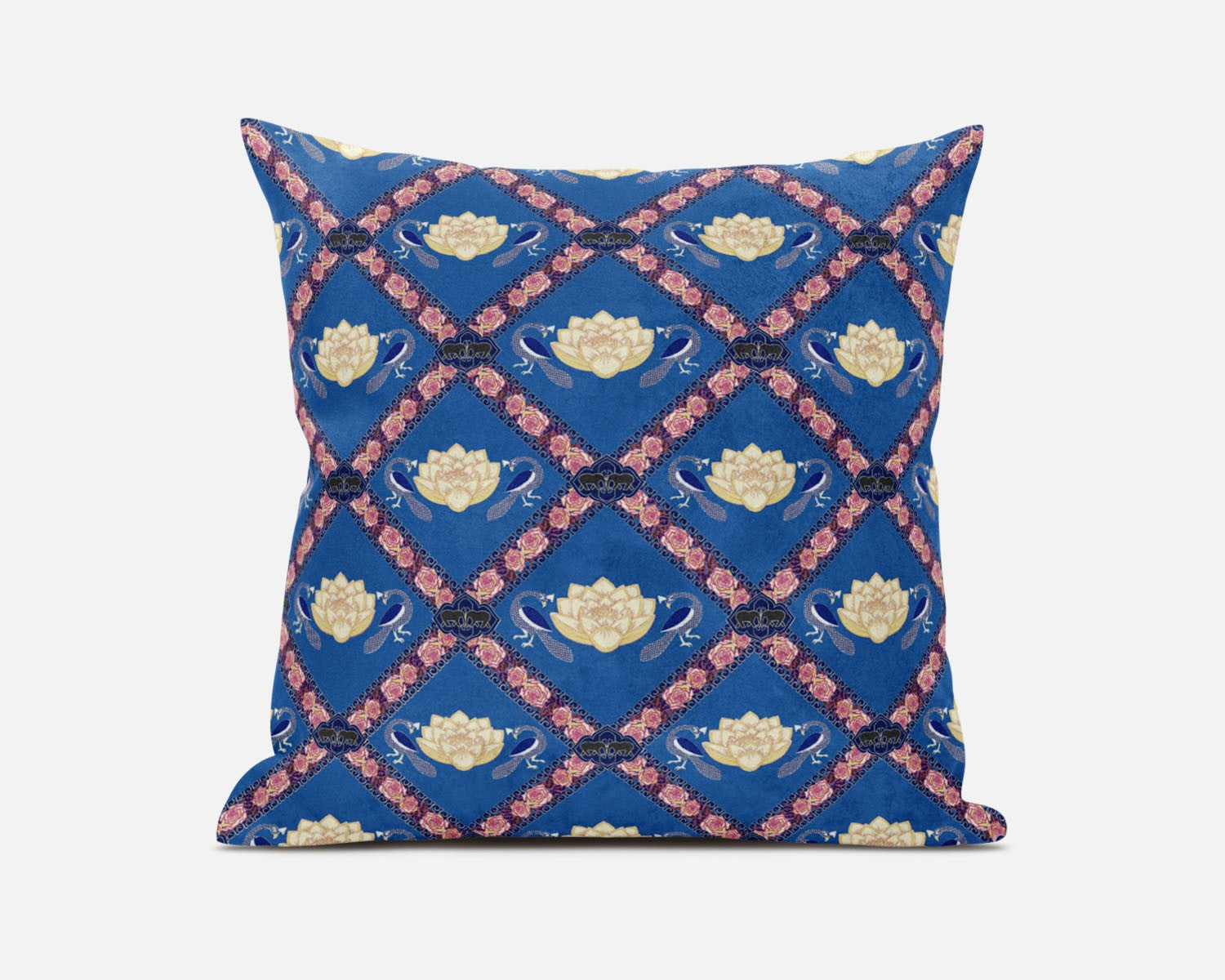 18" X 18" Blue Yellow Pink Lotus Floral Blown Seam Suede Throw Pillow