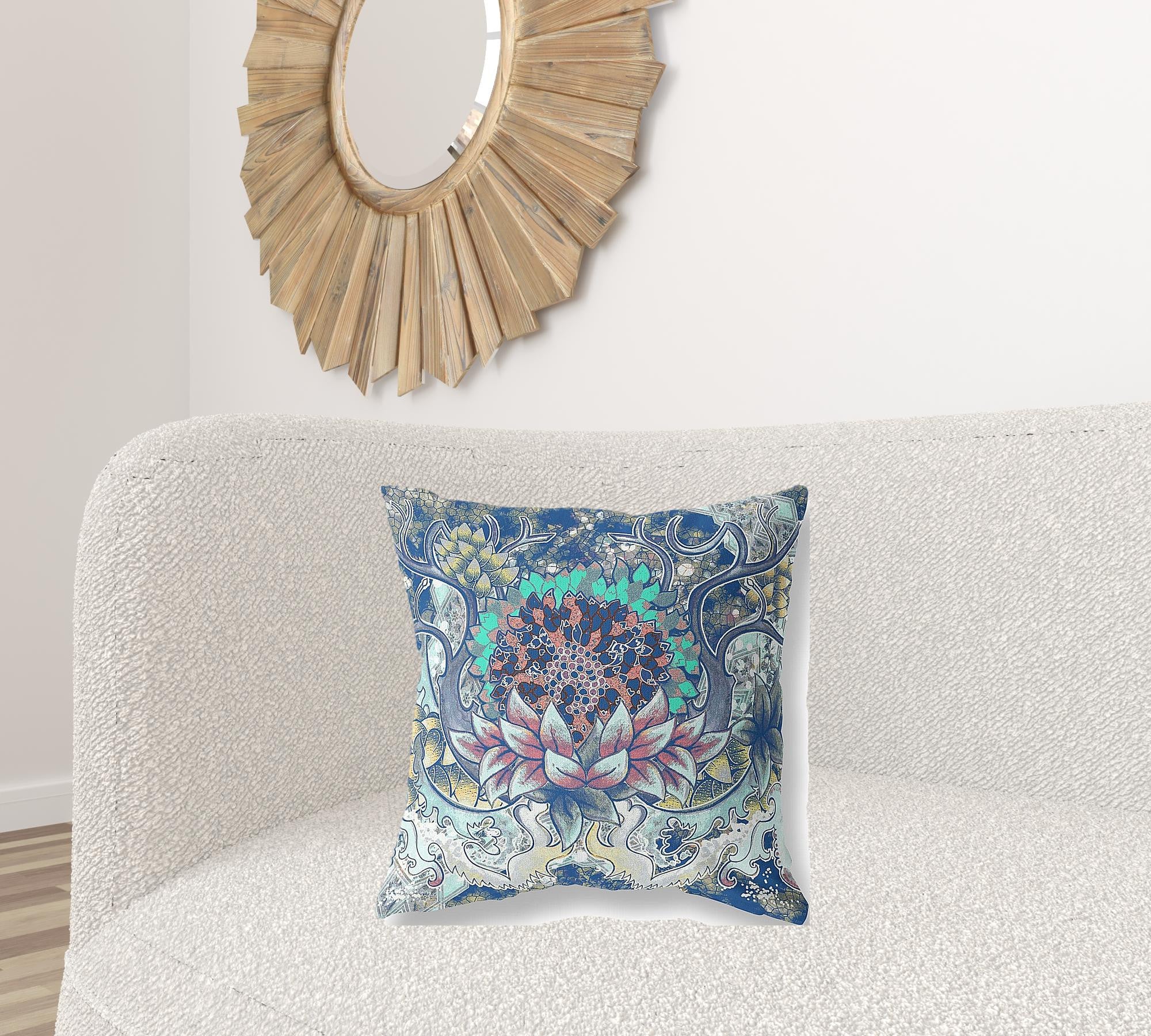 18” Blue Aqua Flower Bloom Suede Throw Pillow
