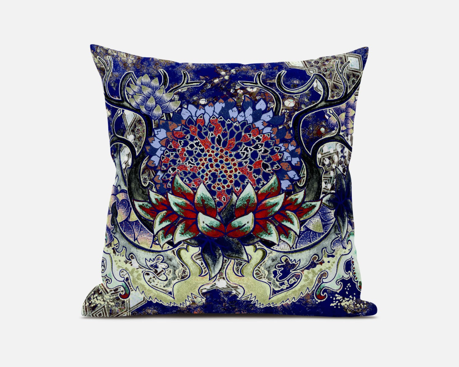 16” Blue Red Flower Bloom Suede Throw Pillow