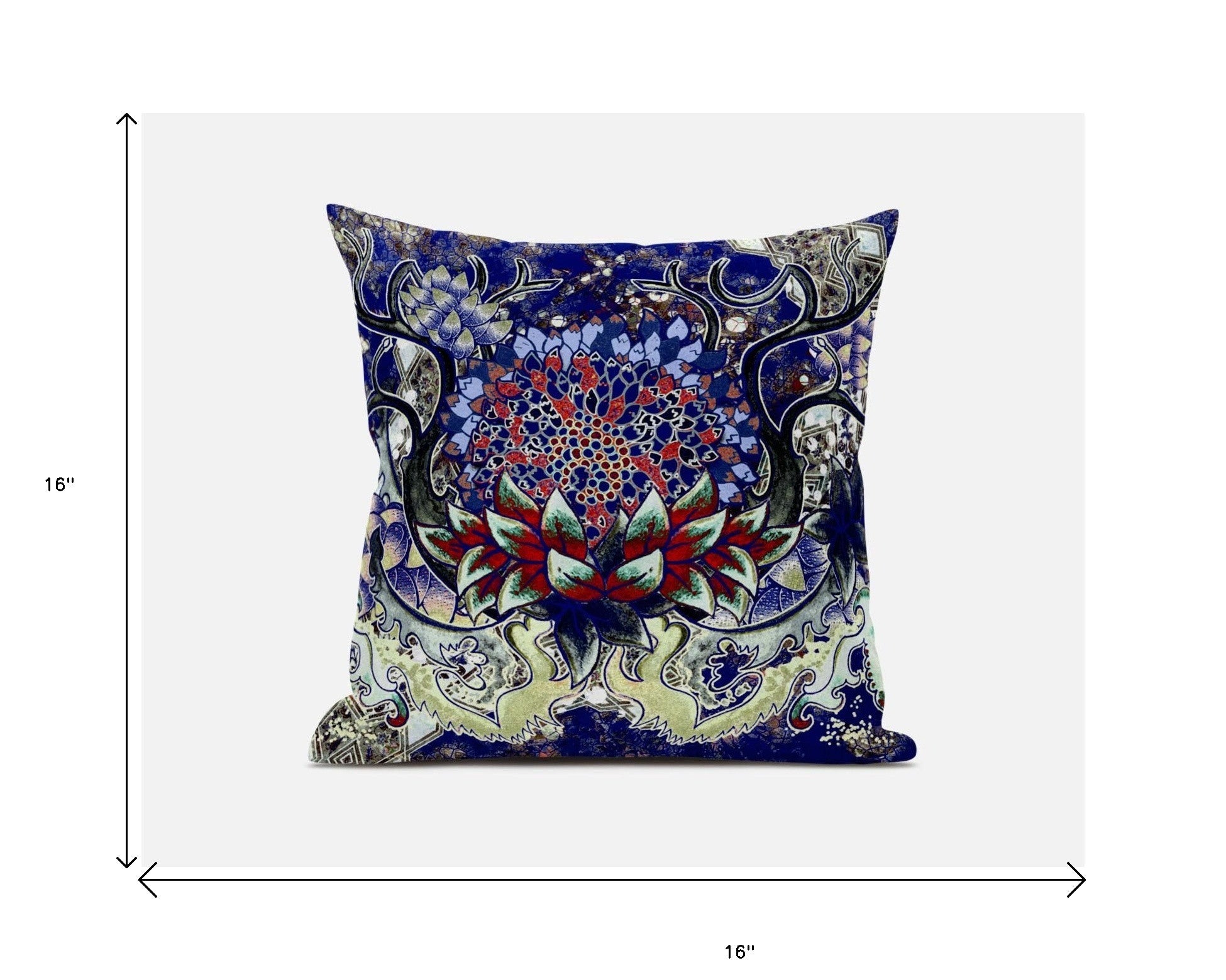 16” Blue Red Flower Bloom Suede Throw Pillow