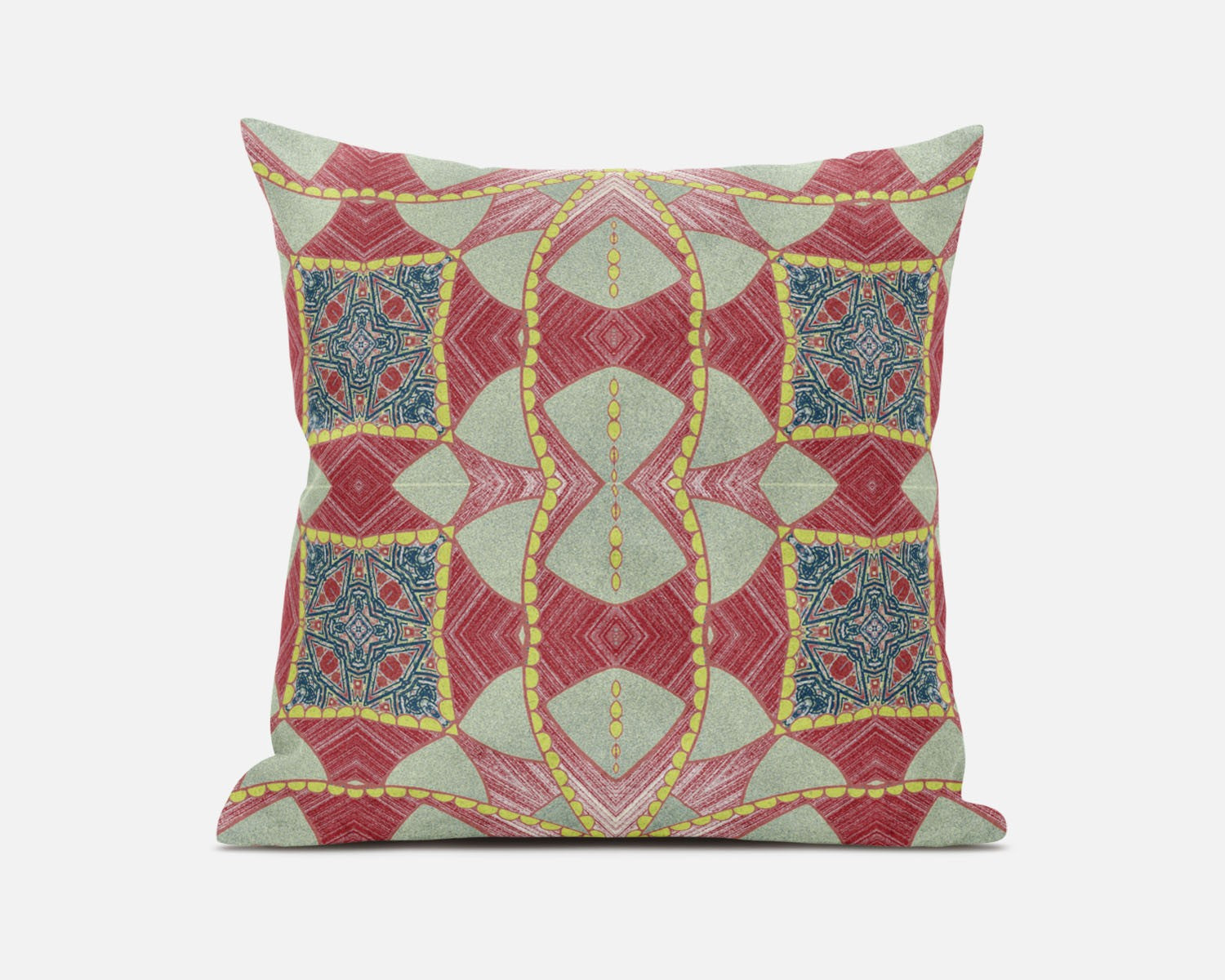 Cojín de gamuza boho con círculo cósmico amarillo rojo de 16"