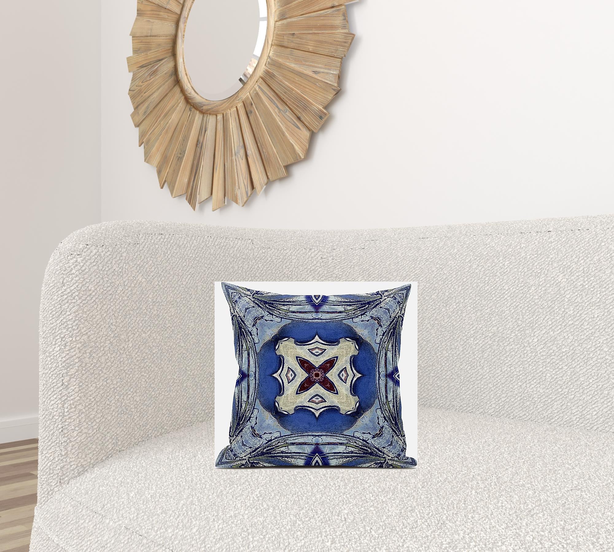 16” Blue Cream Geo Tribal Suede Throw Pillow