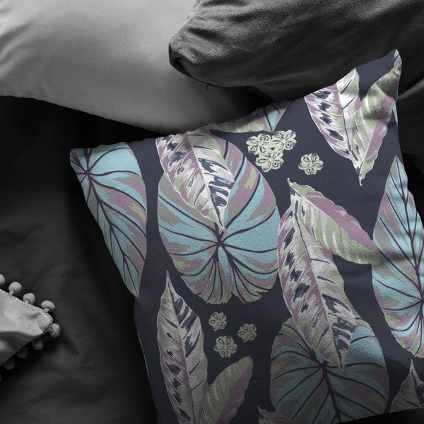18” Blue Purple Tropical Leaf Indoor Outdoor Throw Pillow