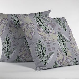 18” Gray Purple Tropical Leaf Indoor Outdoor Throw Pillow