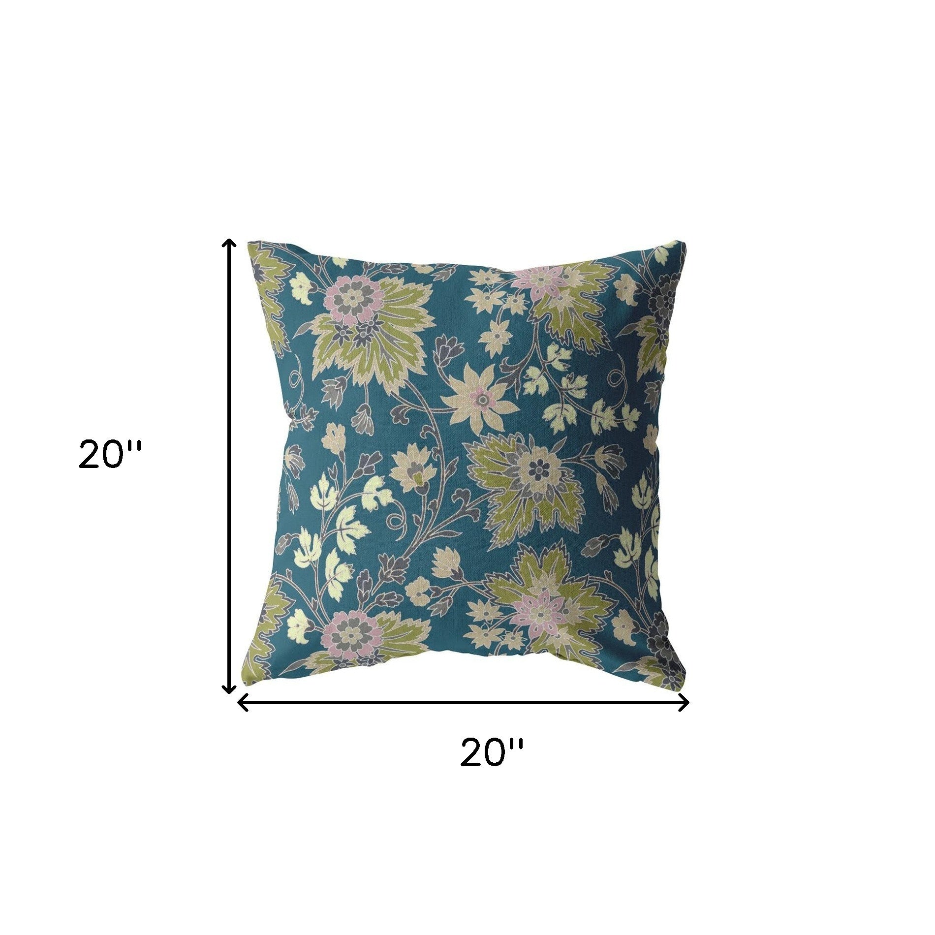 18” Teal Green Jacobean Indoor Outdoor Zippered Throw Pillow