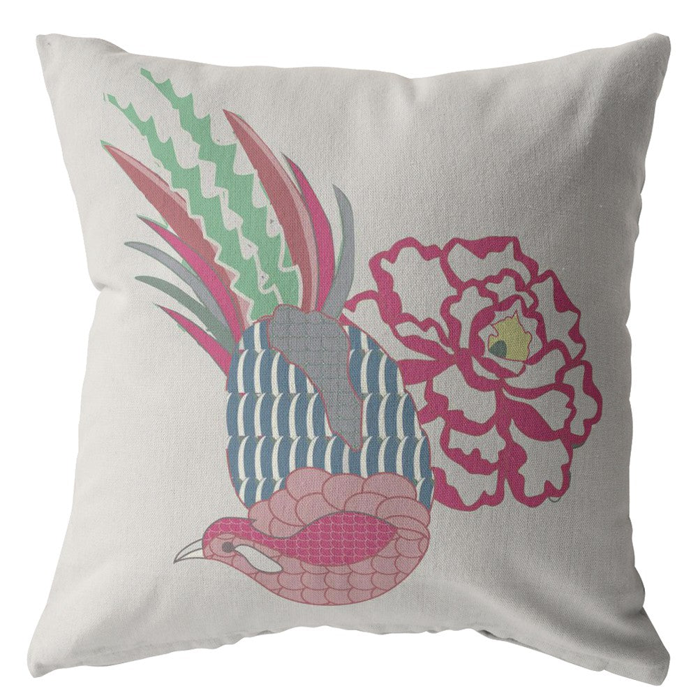 18” Pink White Peacock Indoor Outdoor Zippered Throw Pillow