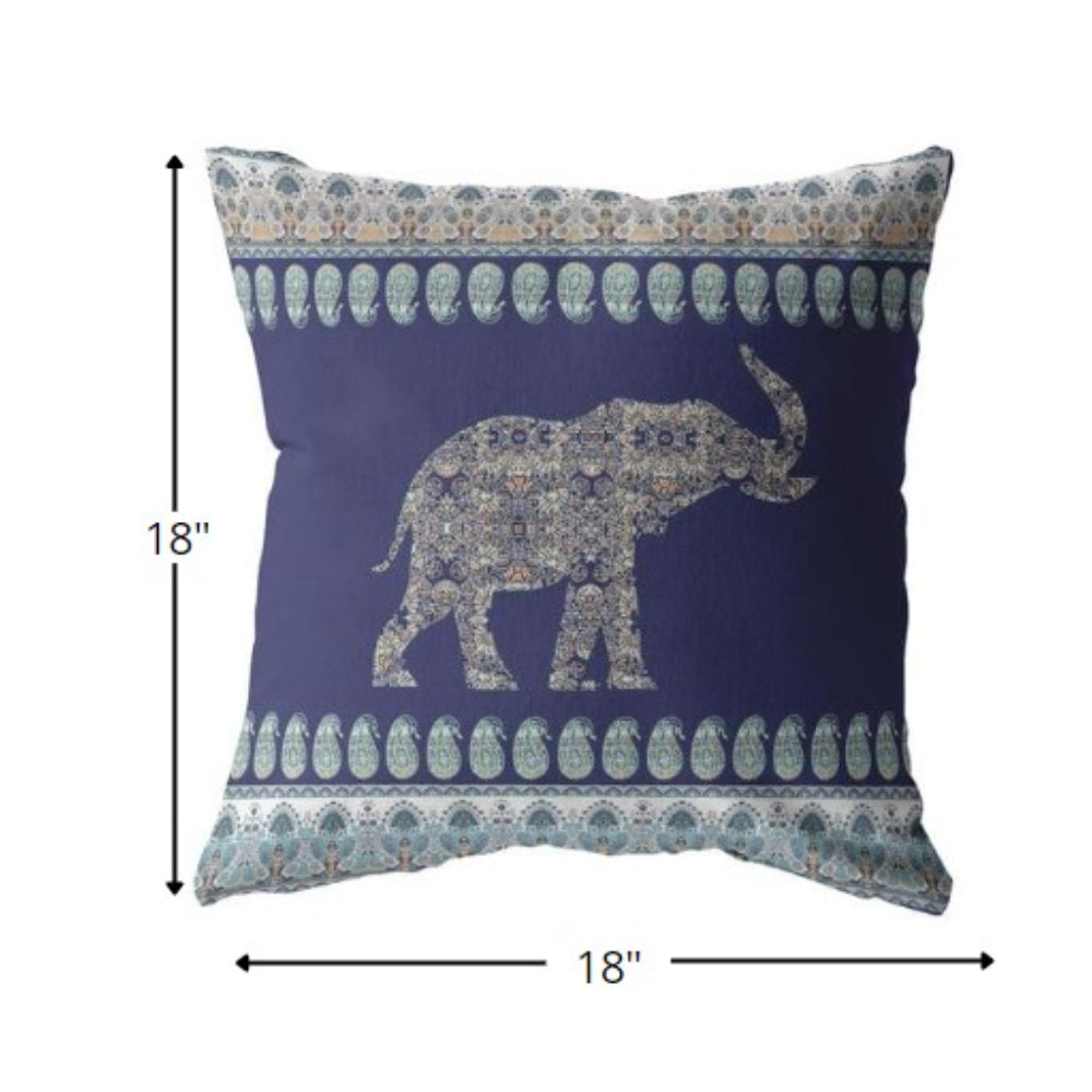 18” Navy Ornate Elephant Indoor Outdoor Zippered Throw Pillow