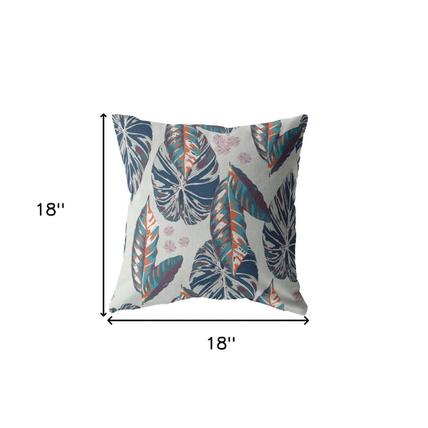 18” Blue Gray Tropical Leaf Indoor Outdoor Zippered Throw Pillow
