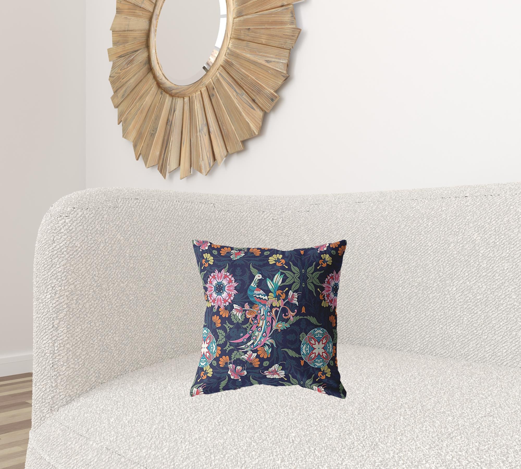 16" Navy Pink Peacock Suede Throw Pillow