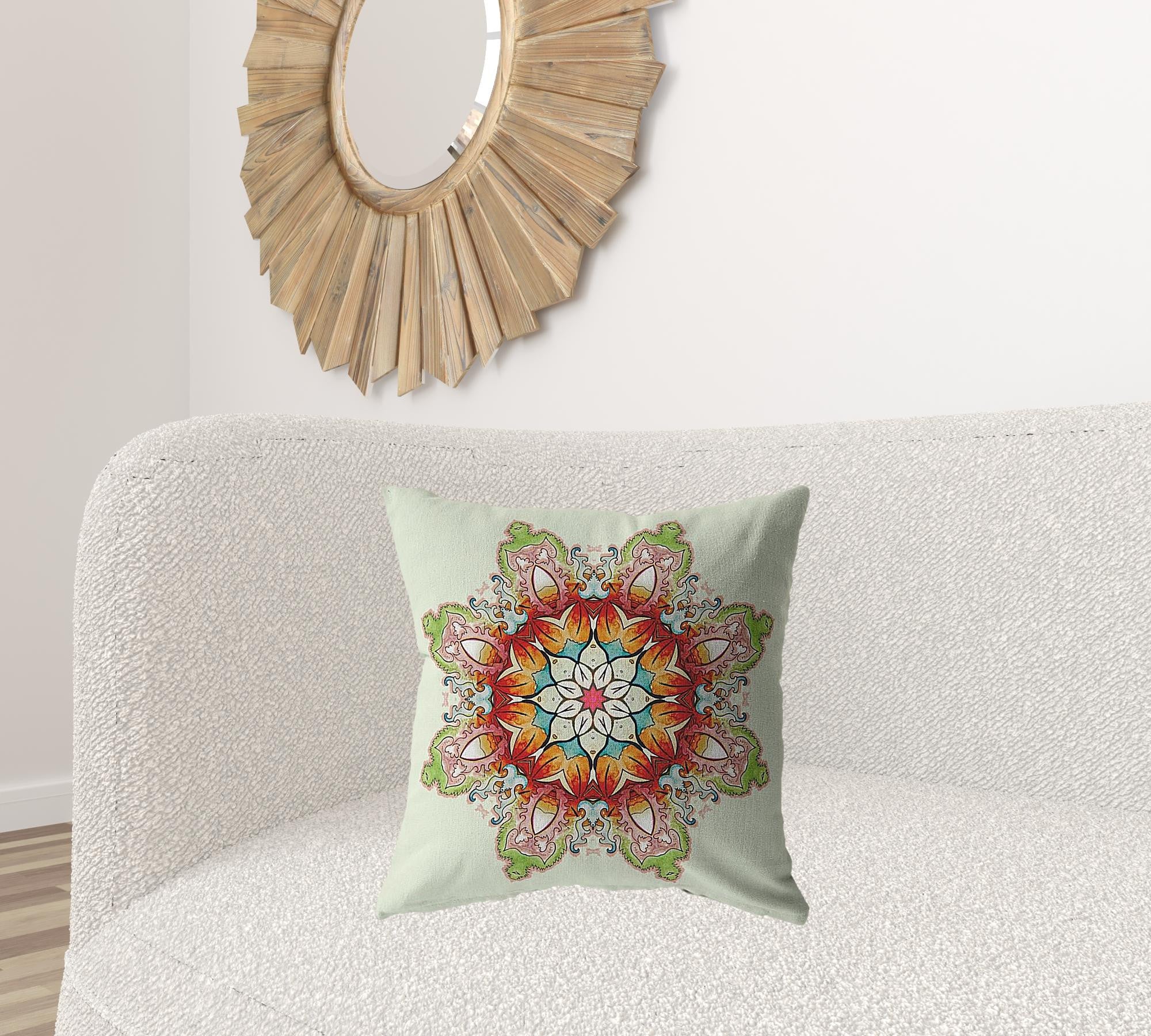 18" Orange Green Mandala Decorative Suede Throw Pillow