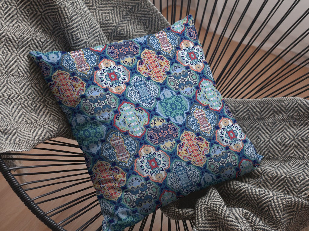 16” Turquoise Red Trellis Suede Throw Pillow