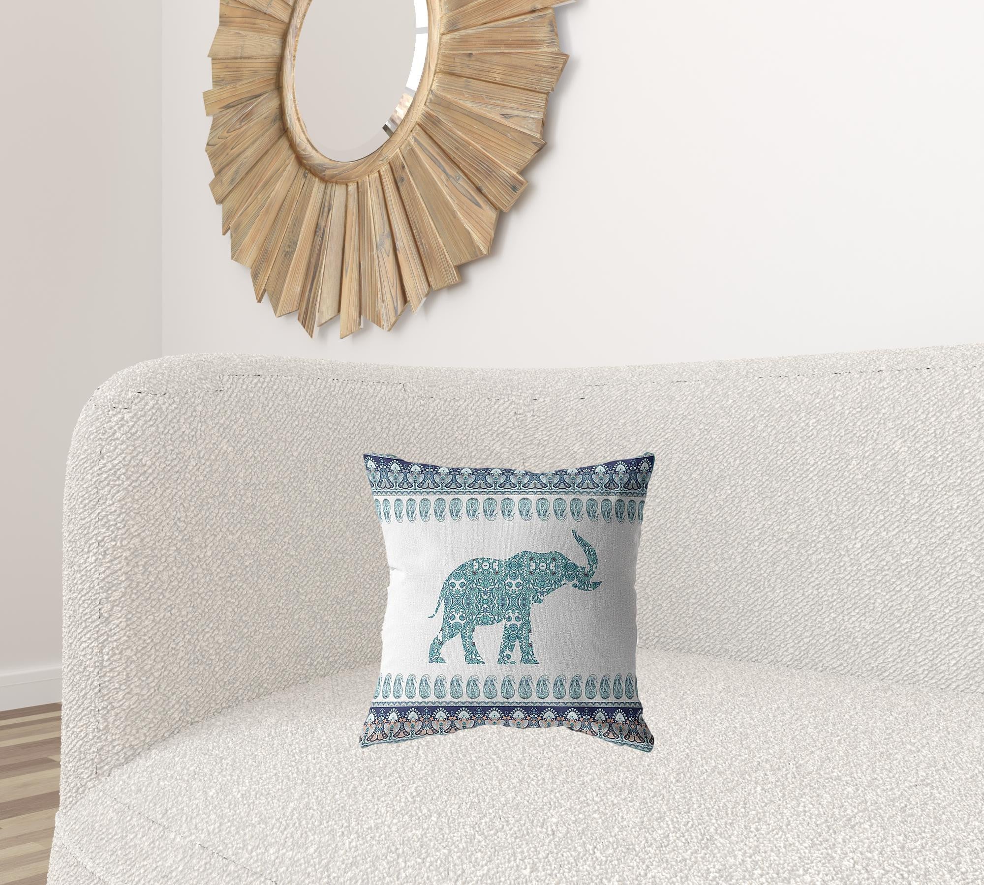 16” Teal Ornate Elephant Suede Throw Pillow