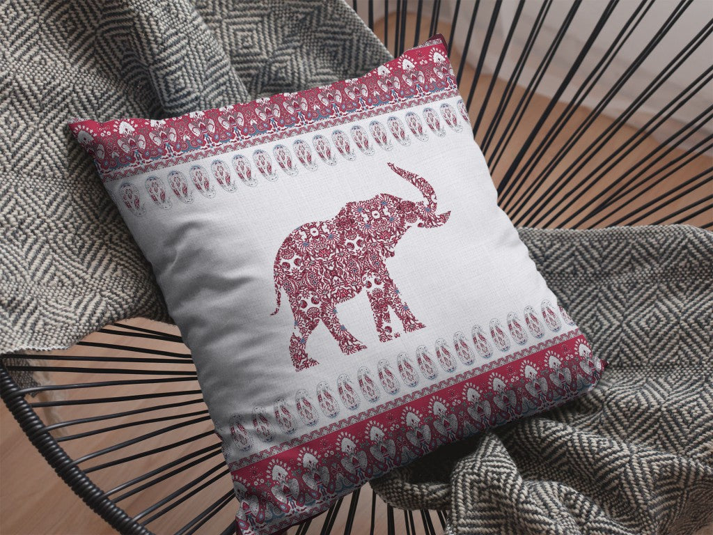 18” Red White Ornate Elephant Suede Throw Pillow