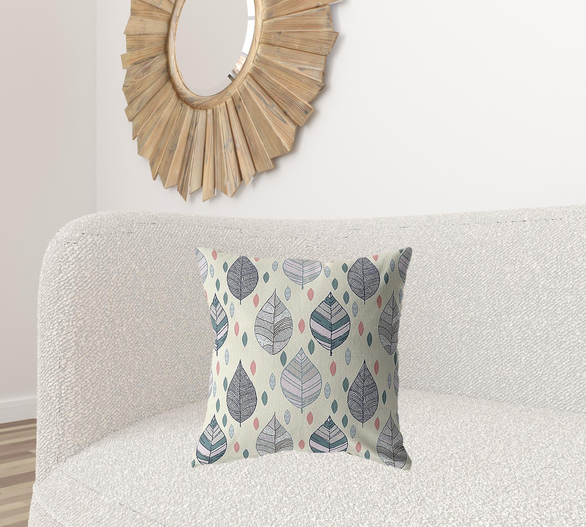 18” Cream Gray Leaves Suede Decorative Throw Pillow
