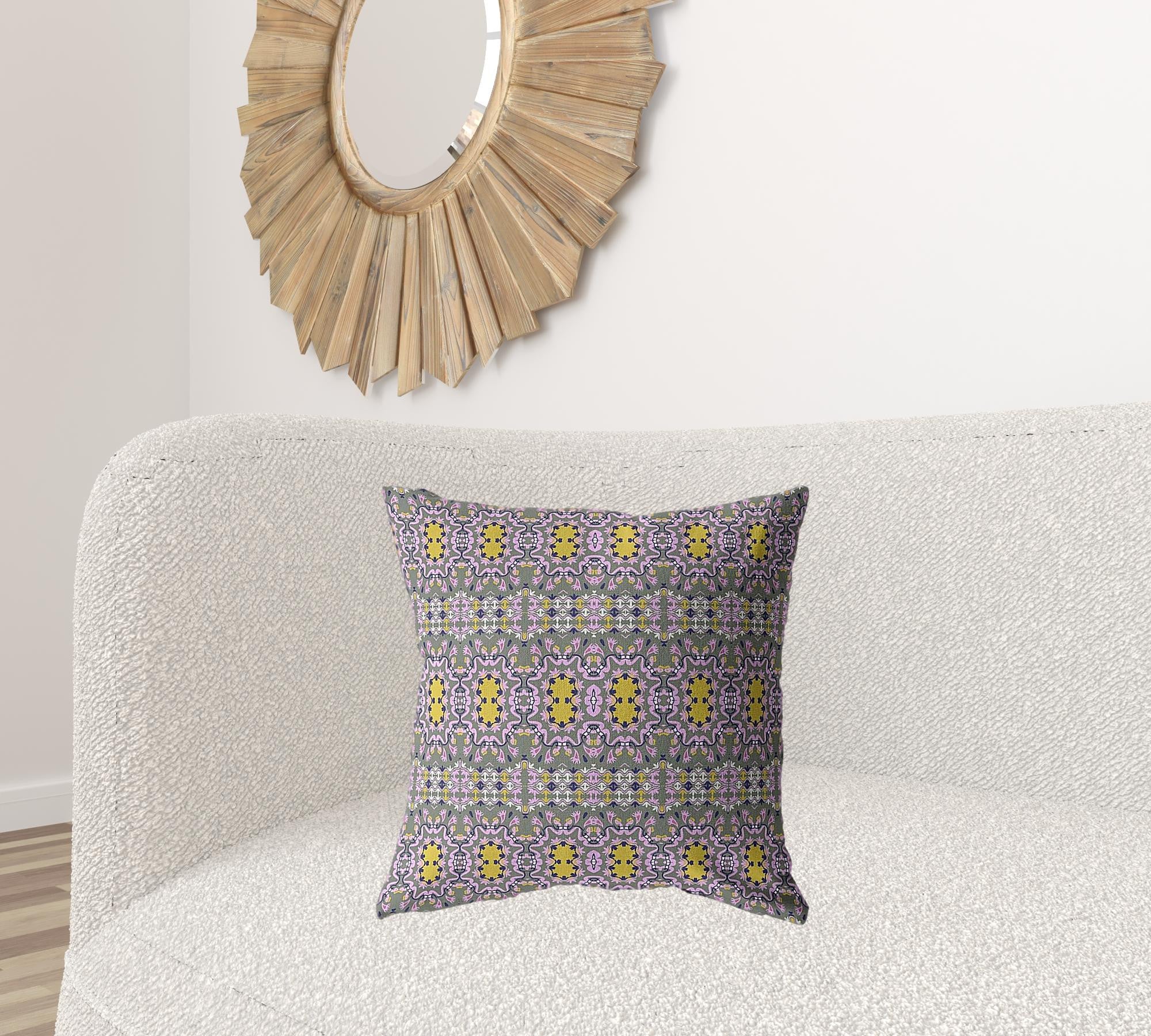 18” Purple Yellow Geofloral Suede Throw Pillow