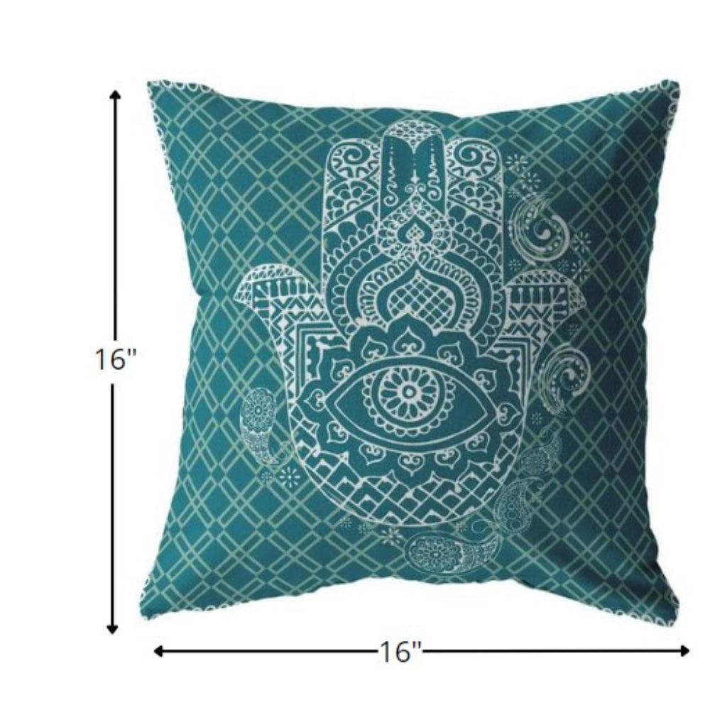 16” Teal White Hamsa Boho Suede Throw Pillow