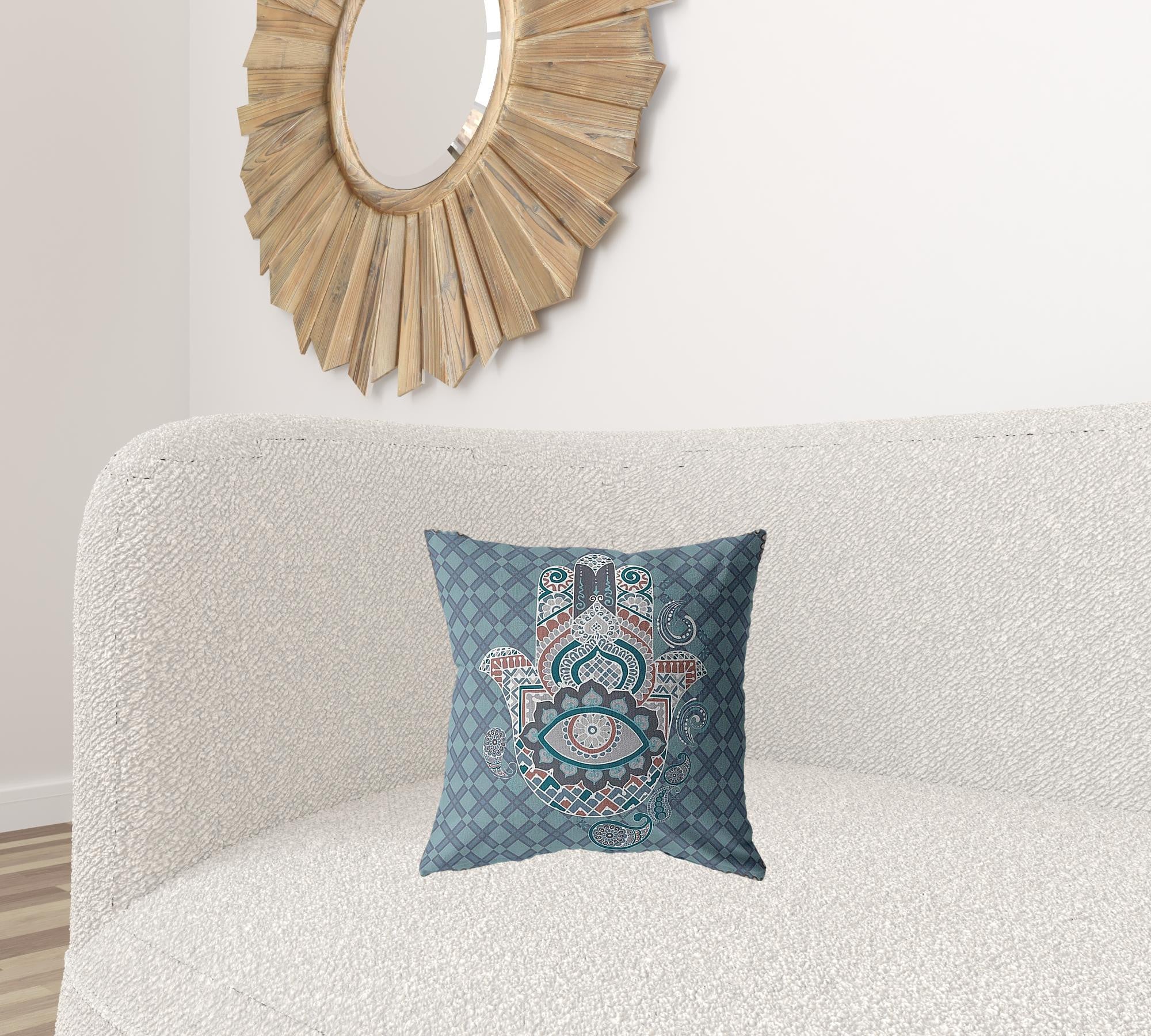 16” Slate Blue Hamsa Boho Suede Throw Pillow