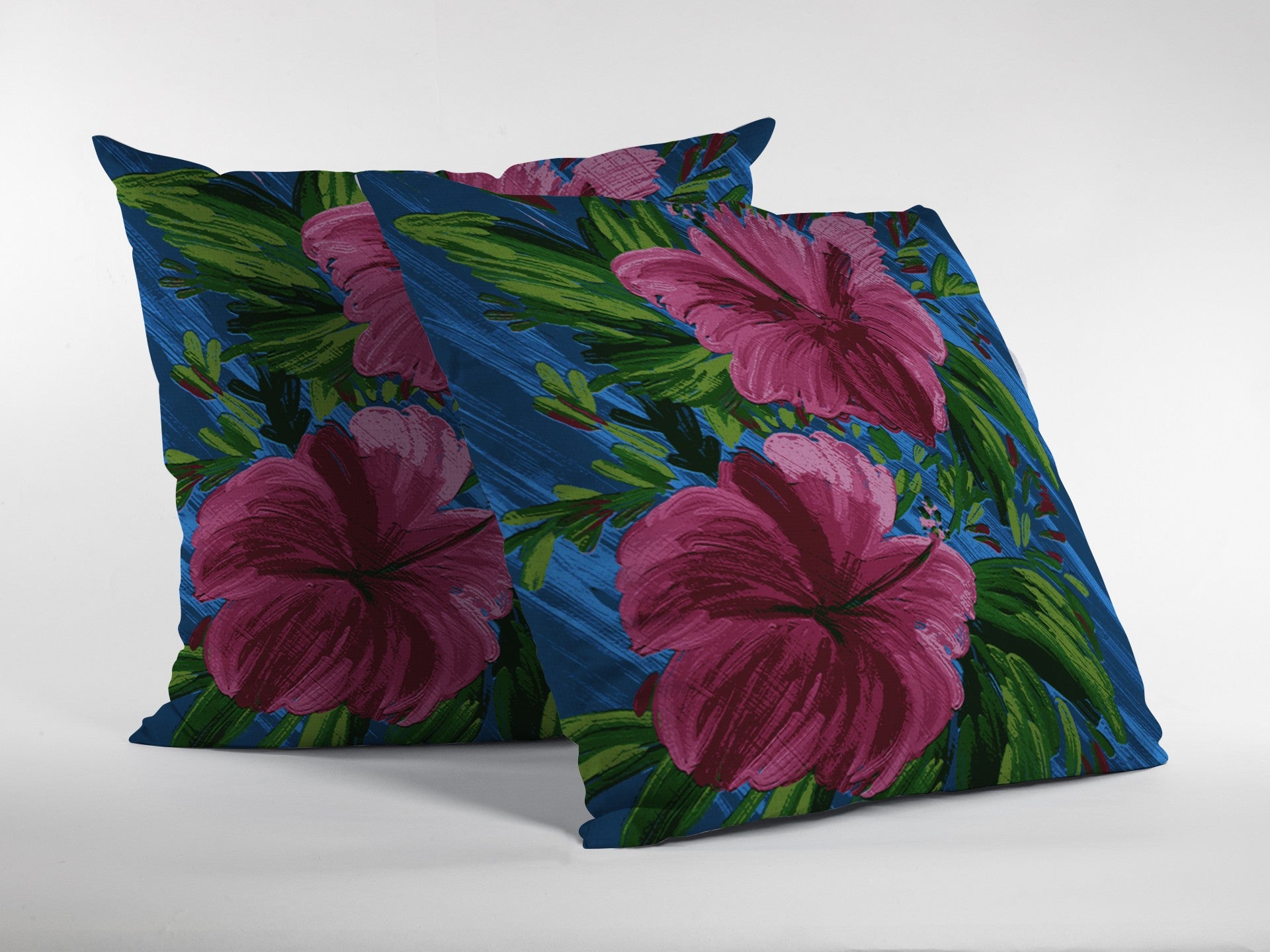 16” Pink Blue Hibiscus Suede Decorative Throw Pillow