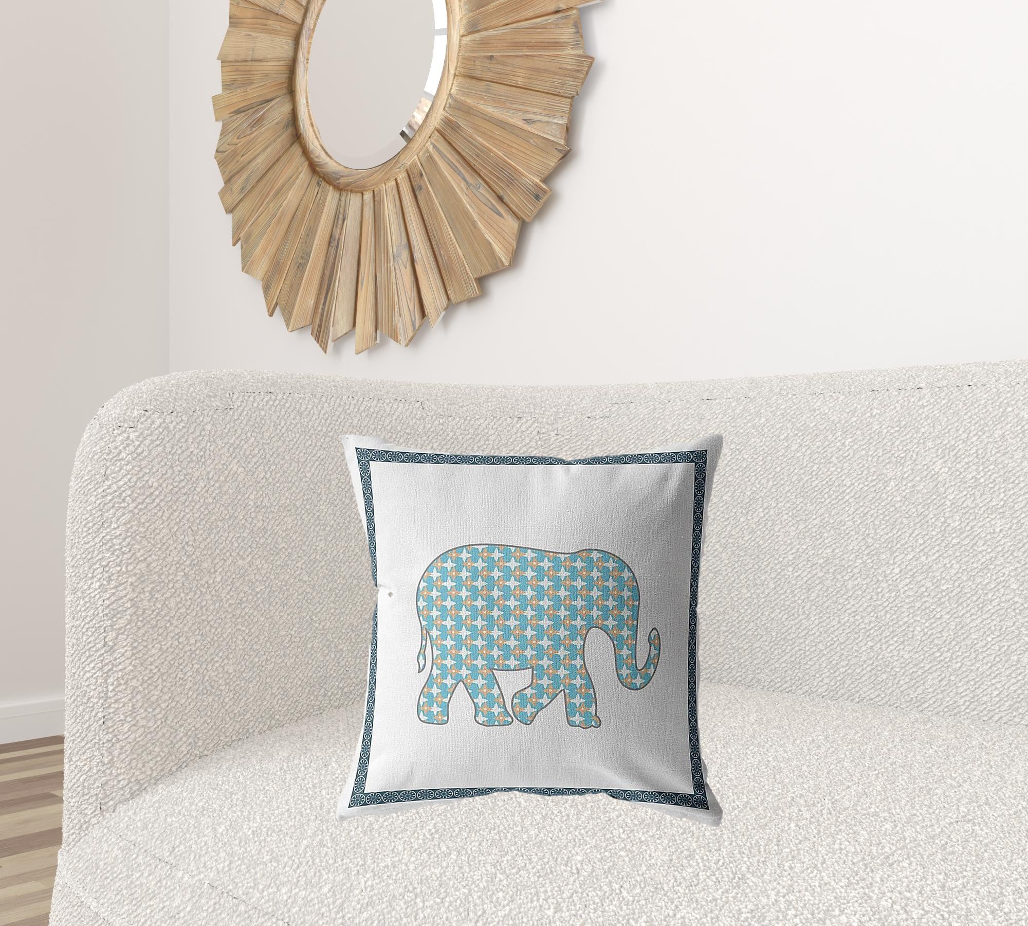 18” Blue White Elephant Boho Suede Throw Pillow