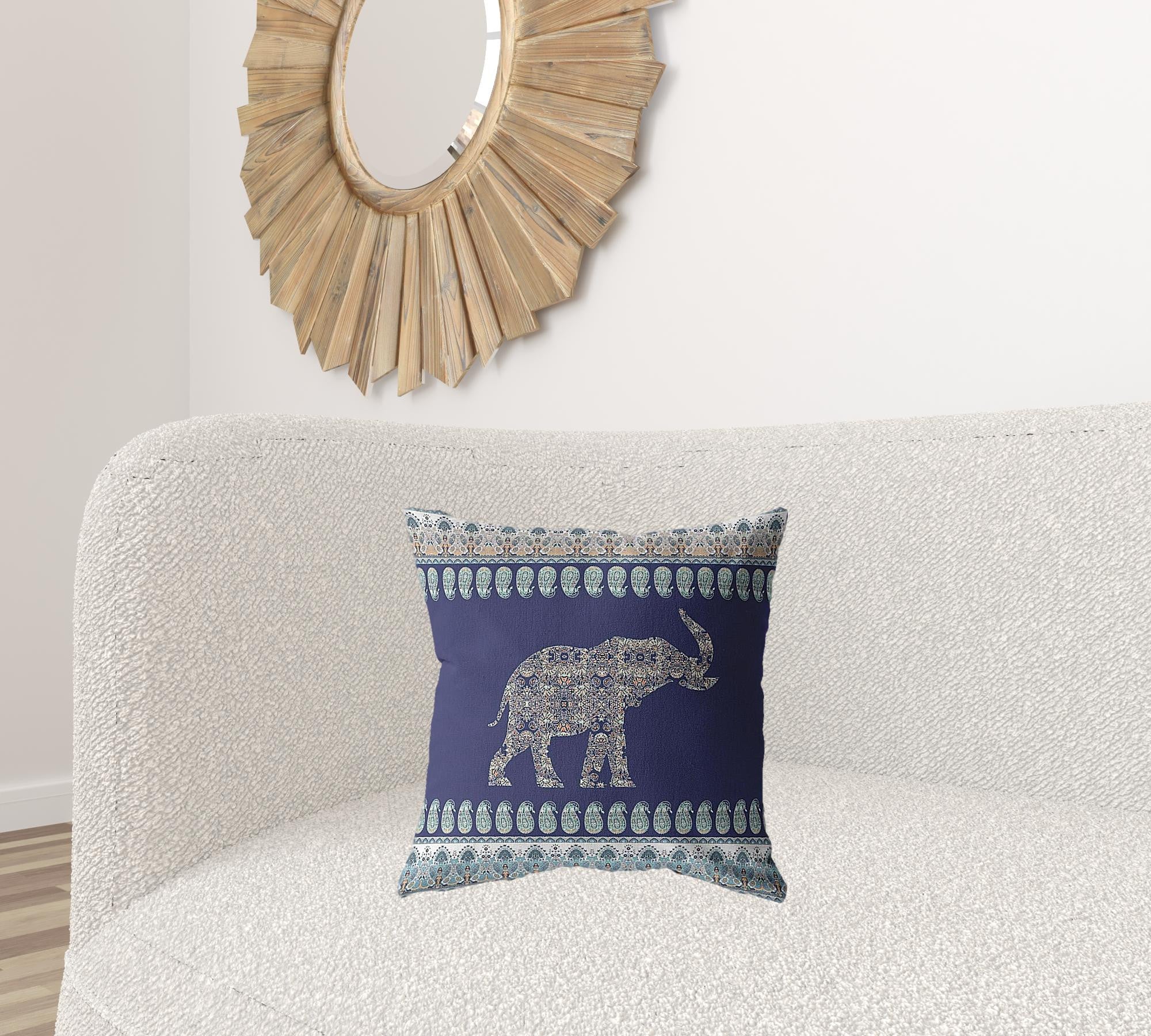 18” Navy Ornate Elephant Suede Throw Pillow