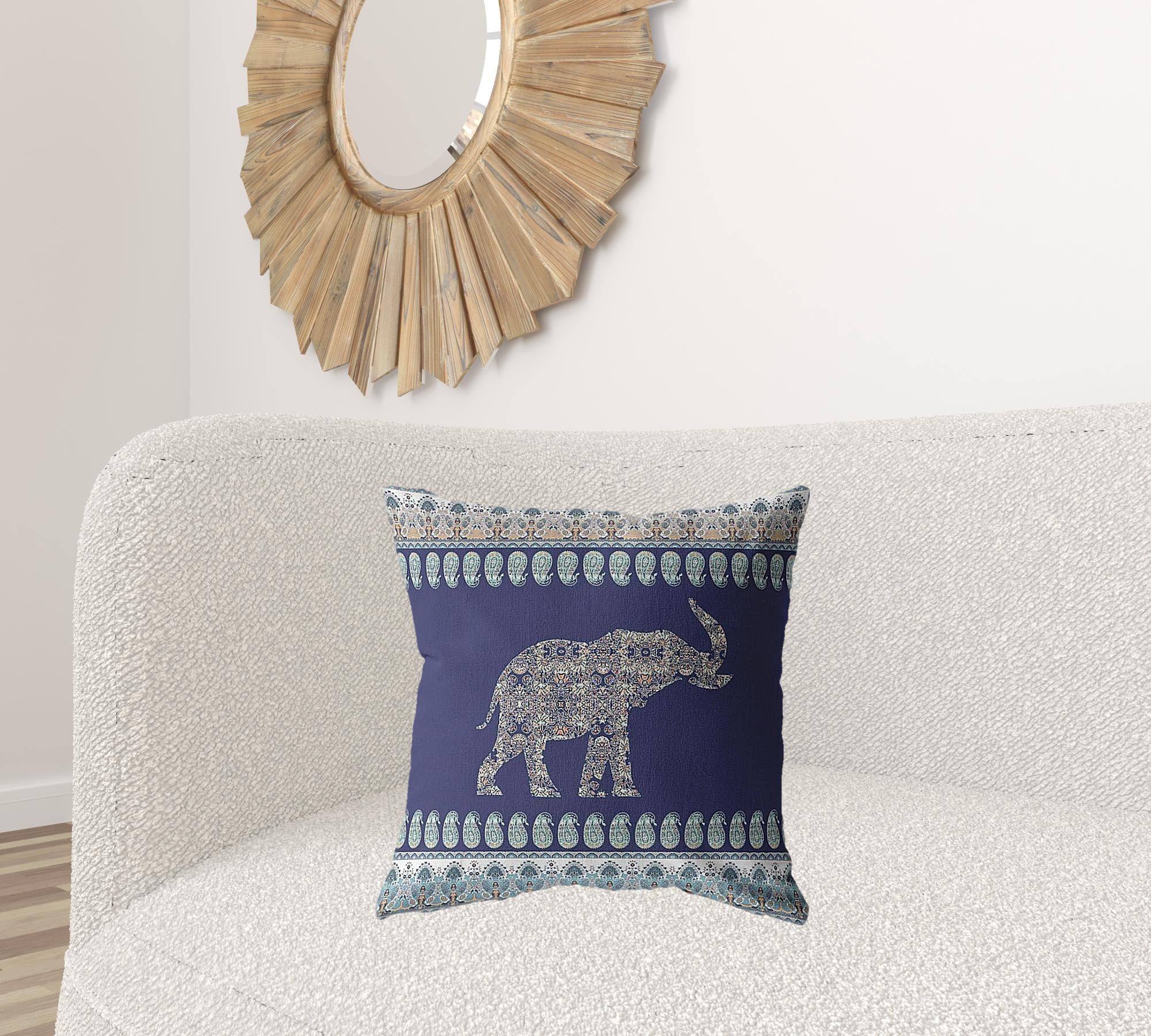 18” Navy Ornate Elephant Suede Throw Pillow