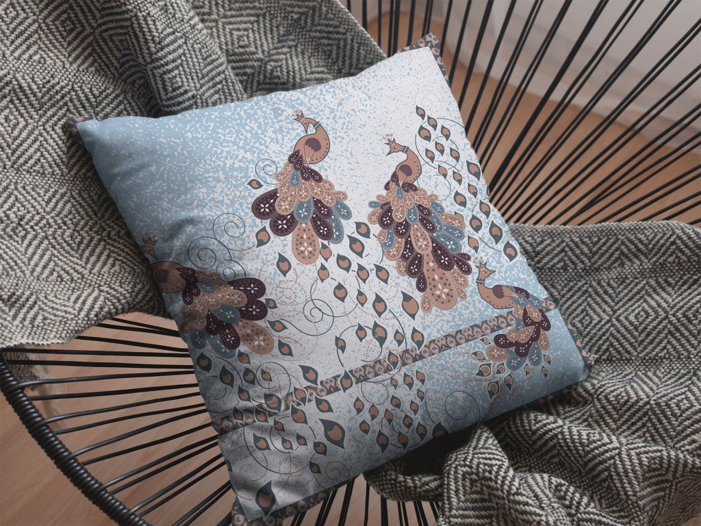 16” Blue Brown Boho Bird Suede Throw Pillow