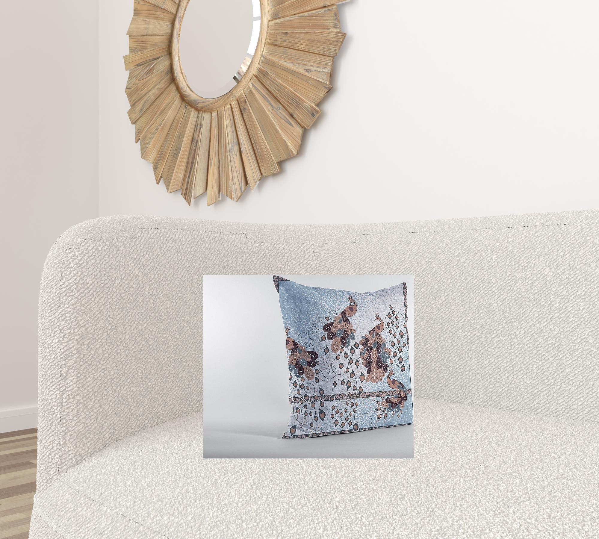 16” Blue Brown Boho Bird Suede Throw Pillow