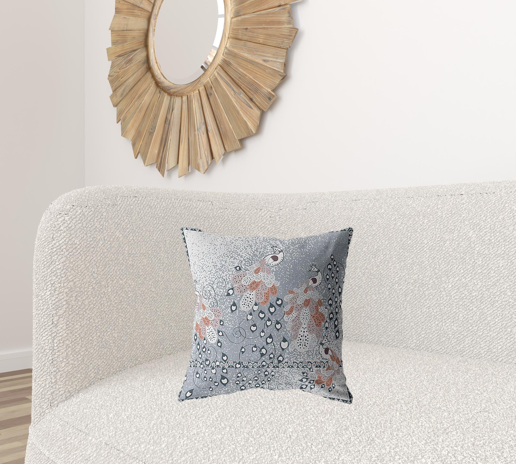 18” Gray Orange Boho Bird Suede Throw Pillow