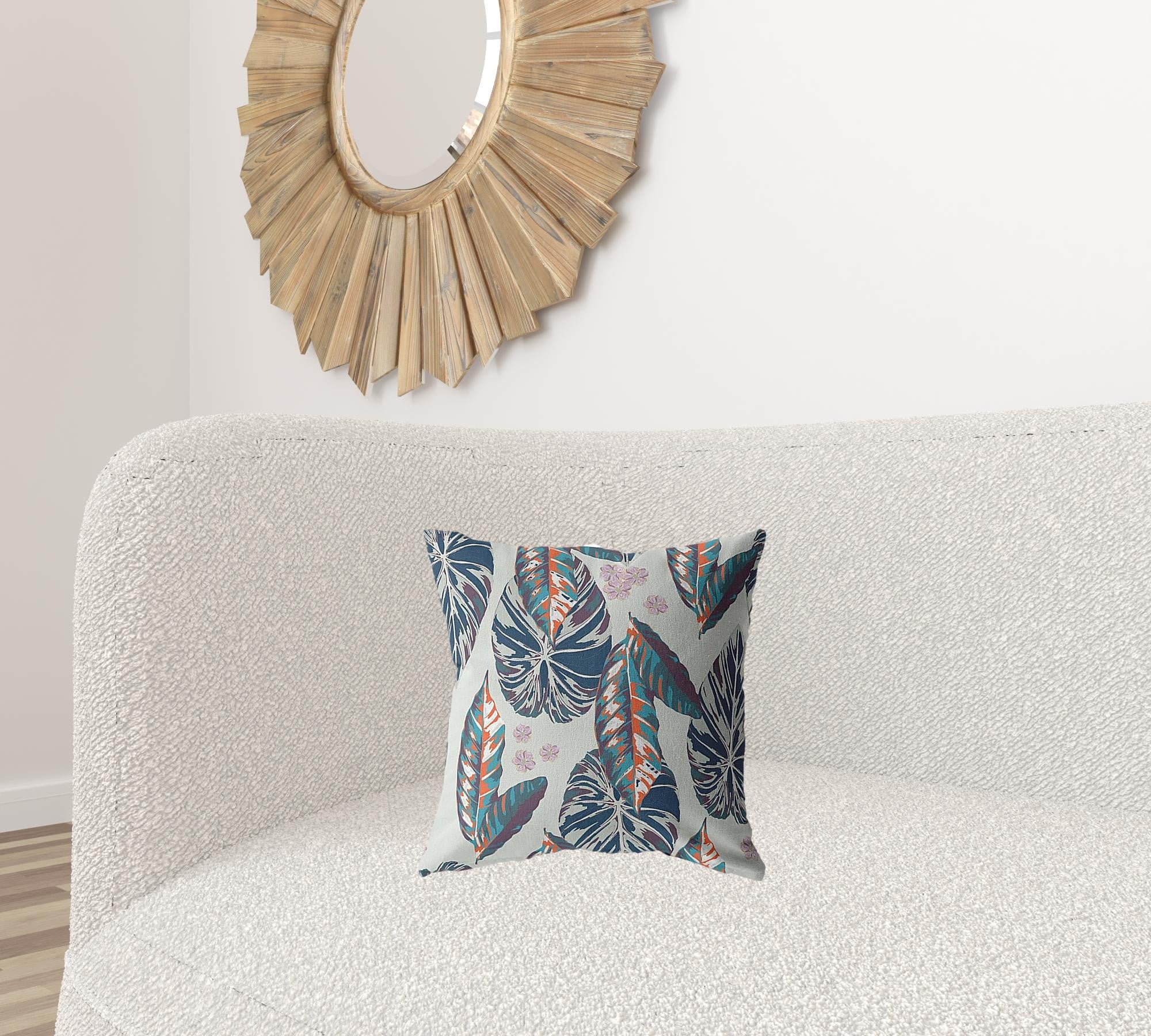 Cojín de gamuza de hoja tropical azul gris de 16 "