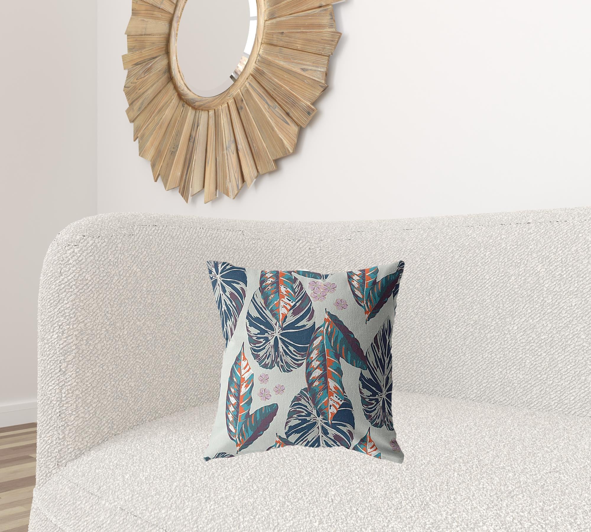 Cojín de gamuza de hoja tropical azul gris de 18 "