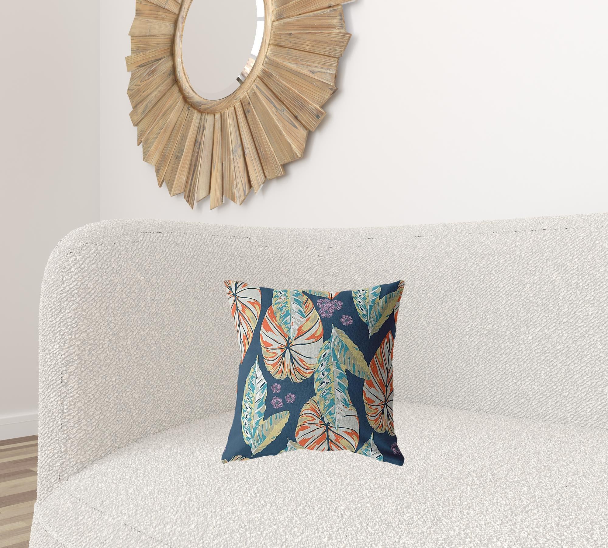 16” Orange Blue Tropical Leaf Suede Throw Pillow