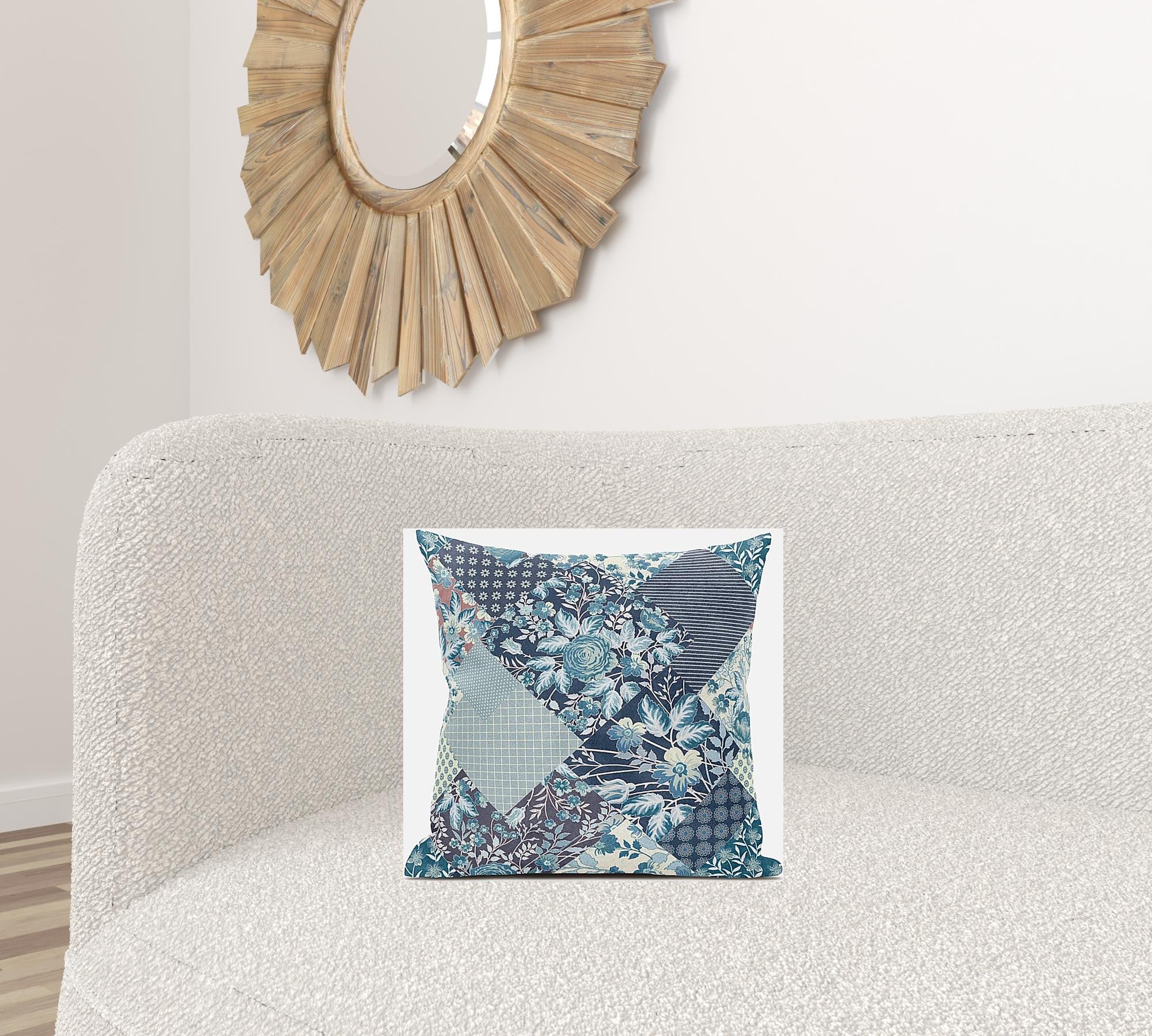 16" Blue White Floral Zippered Suede Throw Pillow