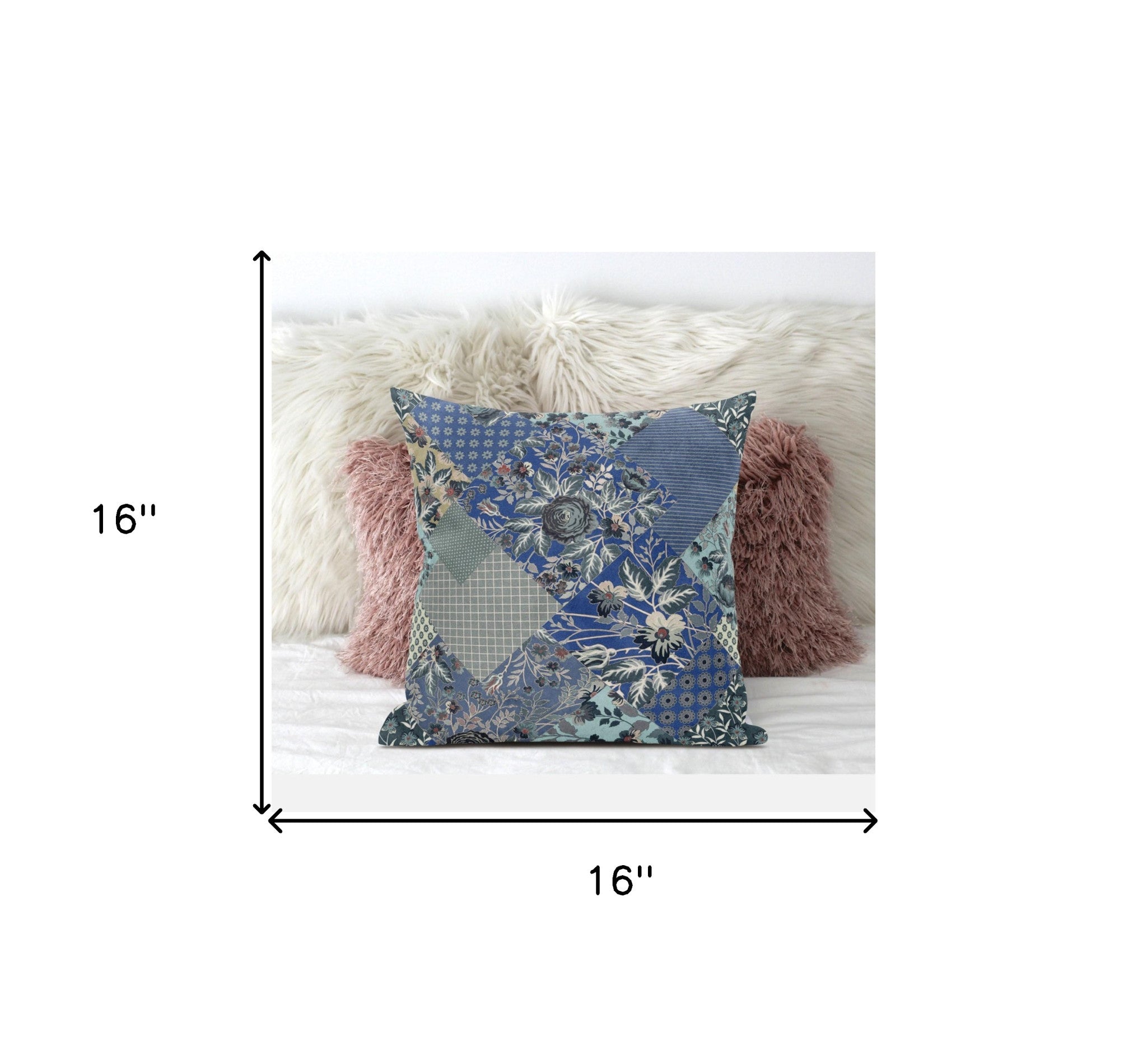 16" Blue Gray Floral Zippered Suede Throw Pillow