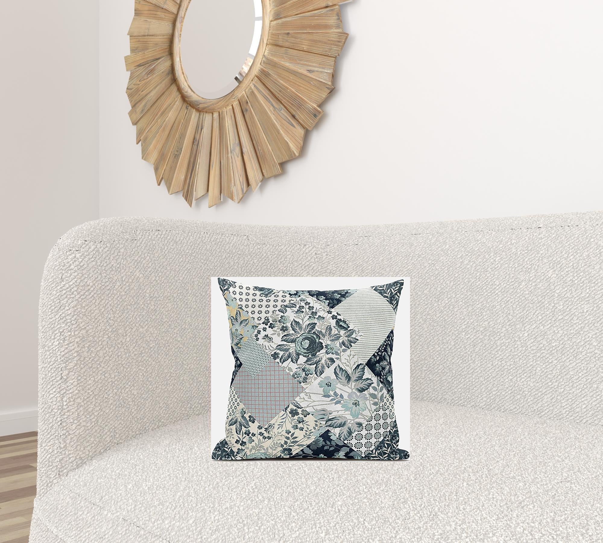 16" Gray White Floral Zippered Suede Throw Pillow