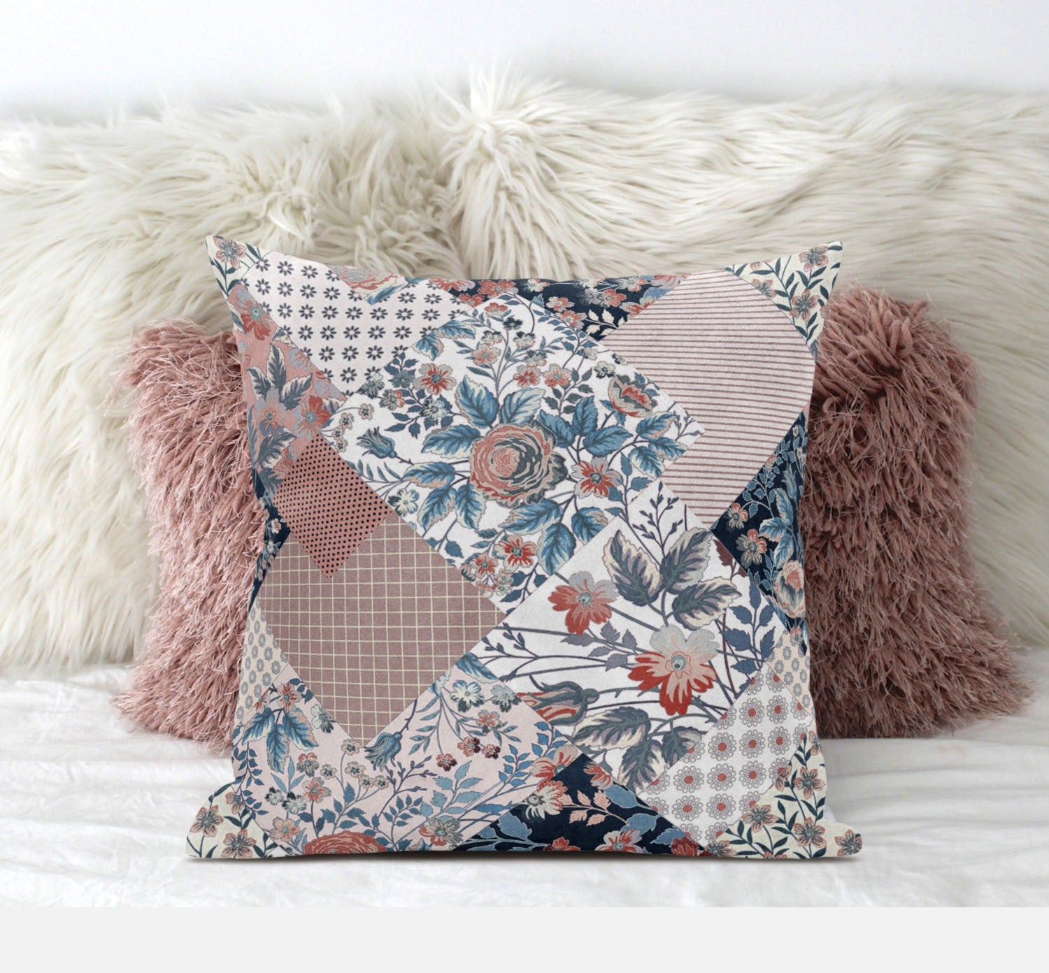 16" White Pink Floral Zippered Suede Throw Pillow