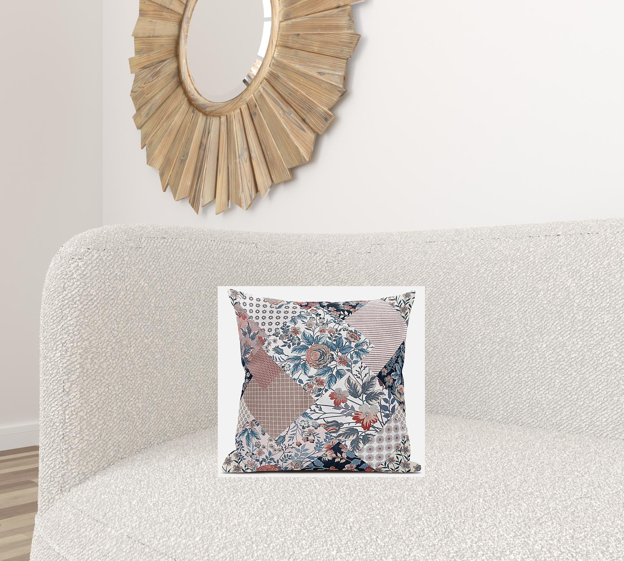 16" White Pink Floral Zippered Suede Throw Pillow