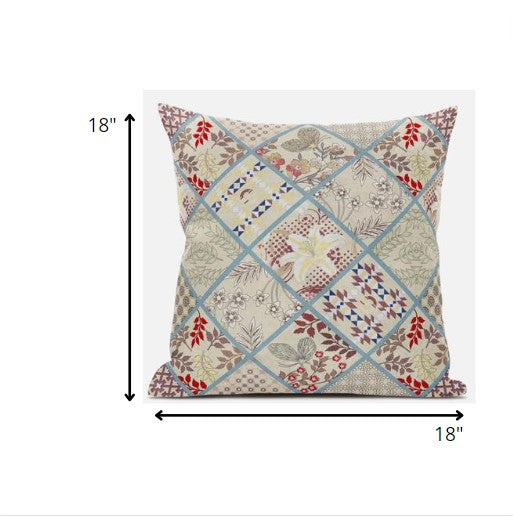 18” Cream Red Patch Suede Zippered Throw Pillow